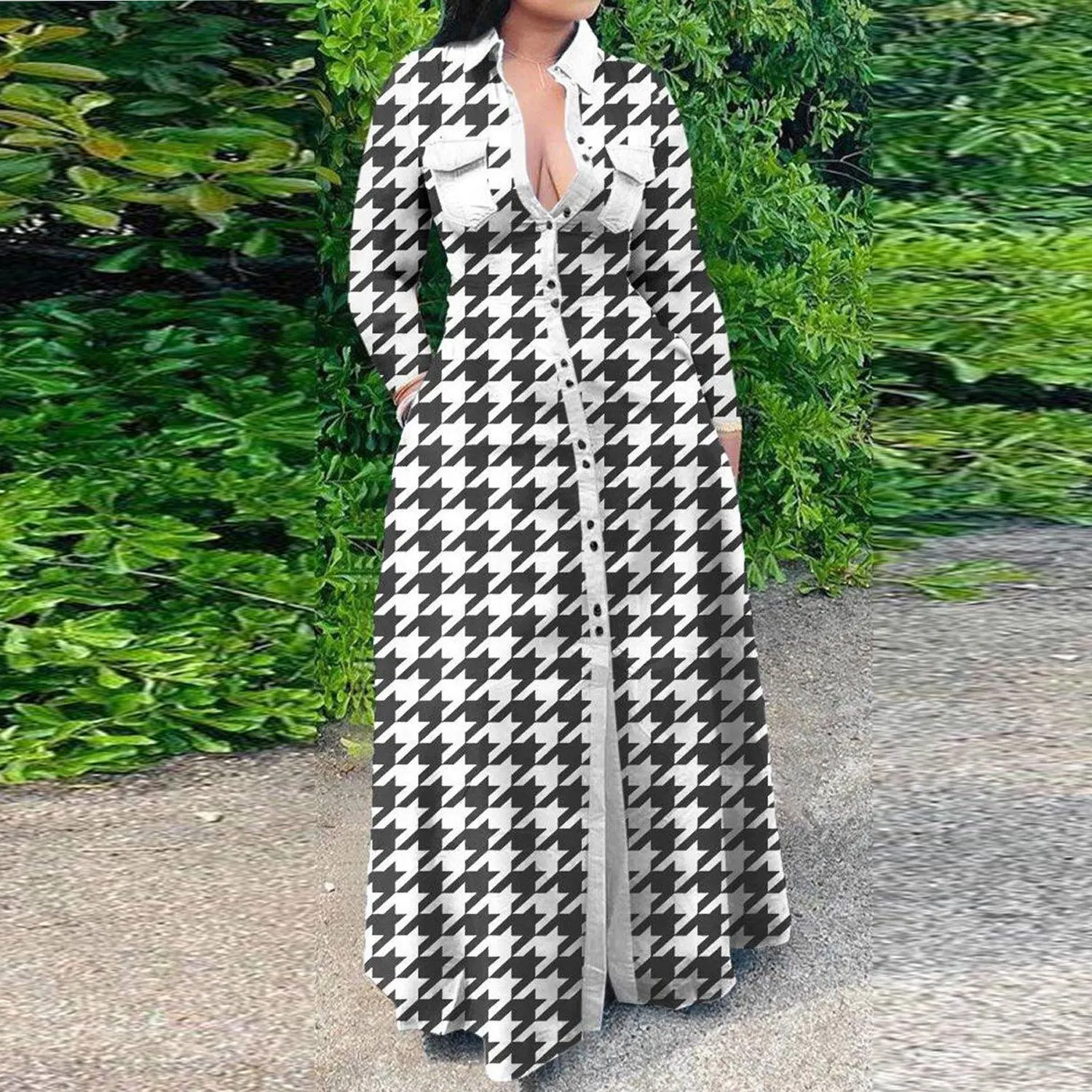 Plus Size Dresses Plus Size Outwear Sexy Printed Long Sleeve DressTurn-down Collar Single Breasted Long Sleeve Dresses for Women