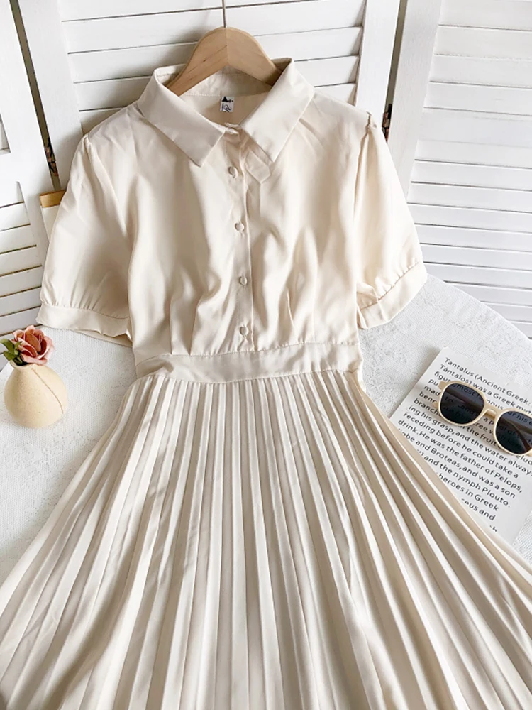 

FMFSSOM Fashion Turn Down Collar High Waist Slim A-Line Dress Casual Pleated Medium Length Single Breasted Short Sleeve Dresses