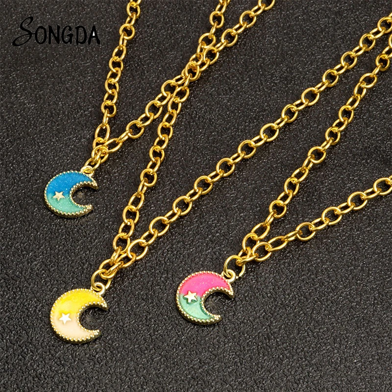 

Colorful Moon Star Necklace Pendant For Women Girls Fashion Clavicle Chain Statement Party Jewelry Accessories Best Friend Gift