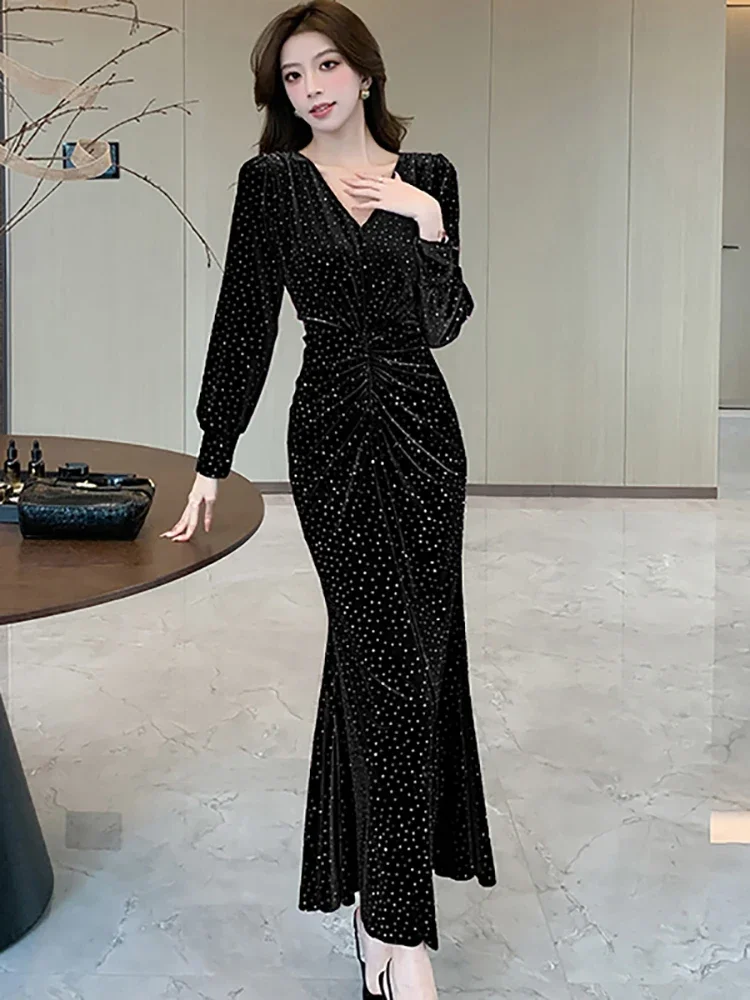 2025 фиолетовое бархатное шикарное платье макси с блестками в горошек женское