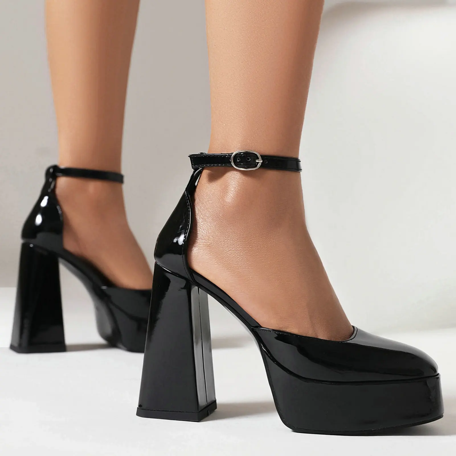 Eokkar Women D'orsay Pumps Patent Leather Ankle Strap Pumps Block High Heel Platform Pumps Closed Toe Sexy Dress Party Pumps