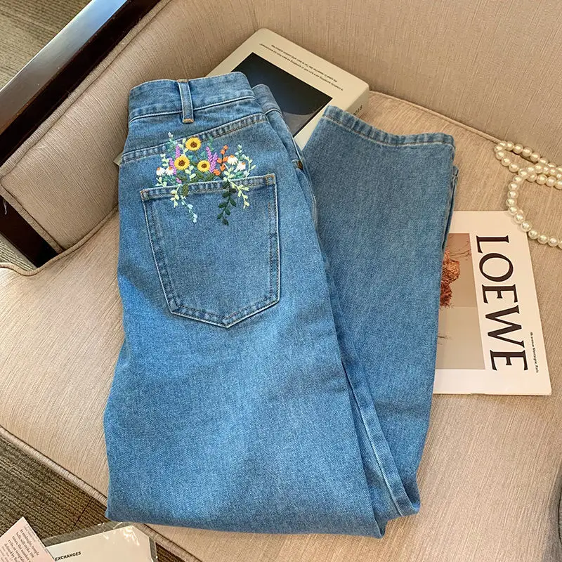 women's Korean version 2022 spring new embroidered high-waisted simple jeans straight-leg loose and thin casual wide-leg pants