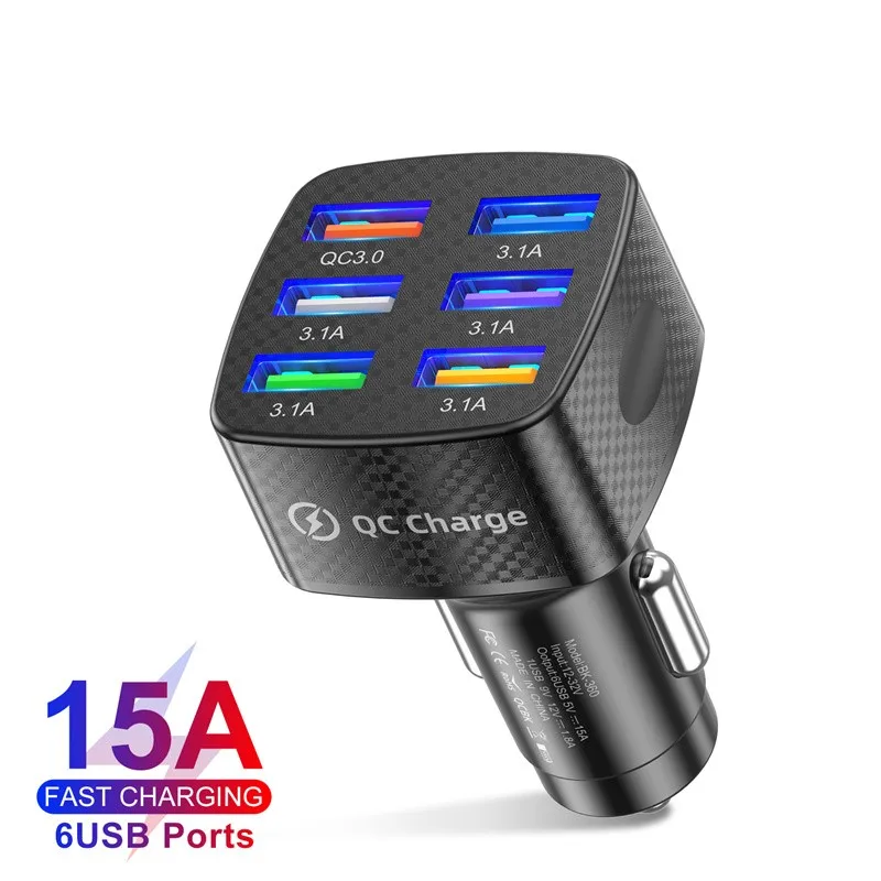 Car Charger Quick Charge 3.0 75W 15A 6 Ports USB Charger For iPhone 13 12 Pro Samsung Xiaomi Huawei Mobile Phone Charger