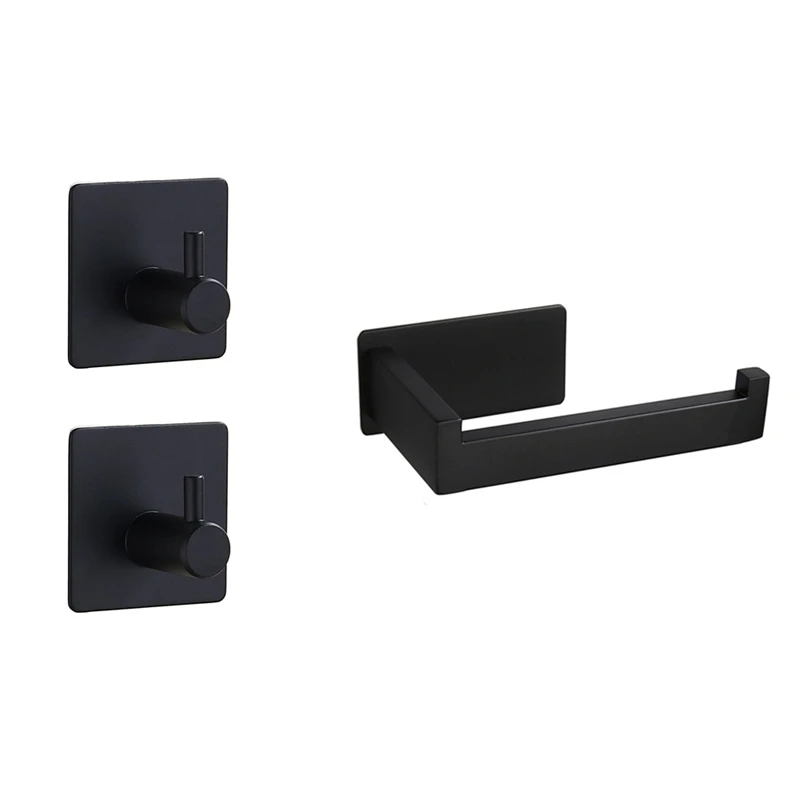 

Black Stainless Steel Tissue Holder Set Self Adhesive Wall Mounted Tissue Holder With 2 Hooks For Bathroom Or Kitchen