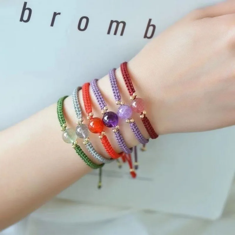 Браслет из натуральных кристаллов клубники красная веревка с цветком персика