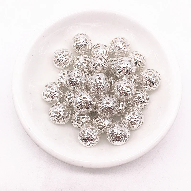 

4/6/8/10mm Hollow Ball flower Beads Metal Charms Silver Plated Filigree Spacer Beads Diy Jewelry Making