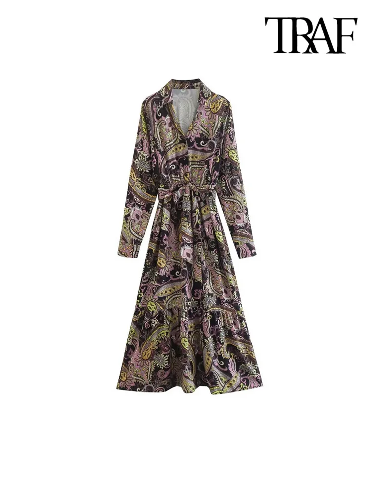 

TRAF Women Fashion With Belt Paisley Print Midi Shirt Dress Vintage Long Sleeve Front Button Female Dresses Vestidos Mujer