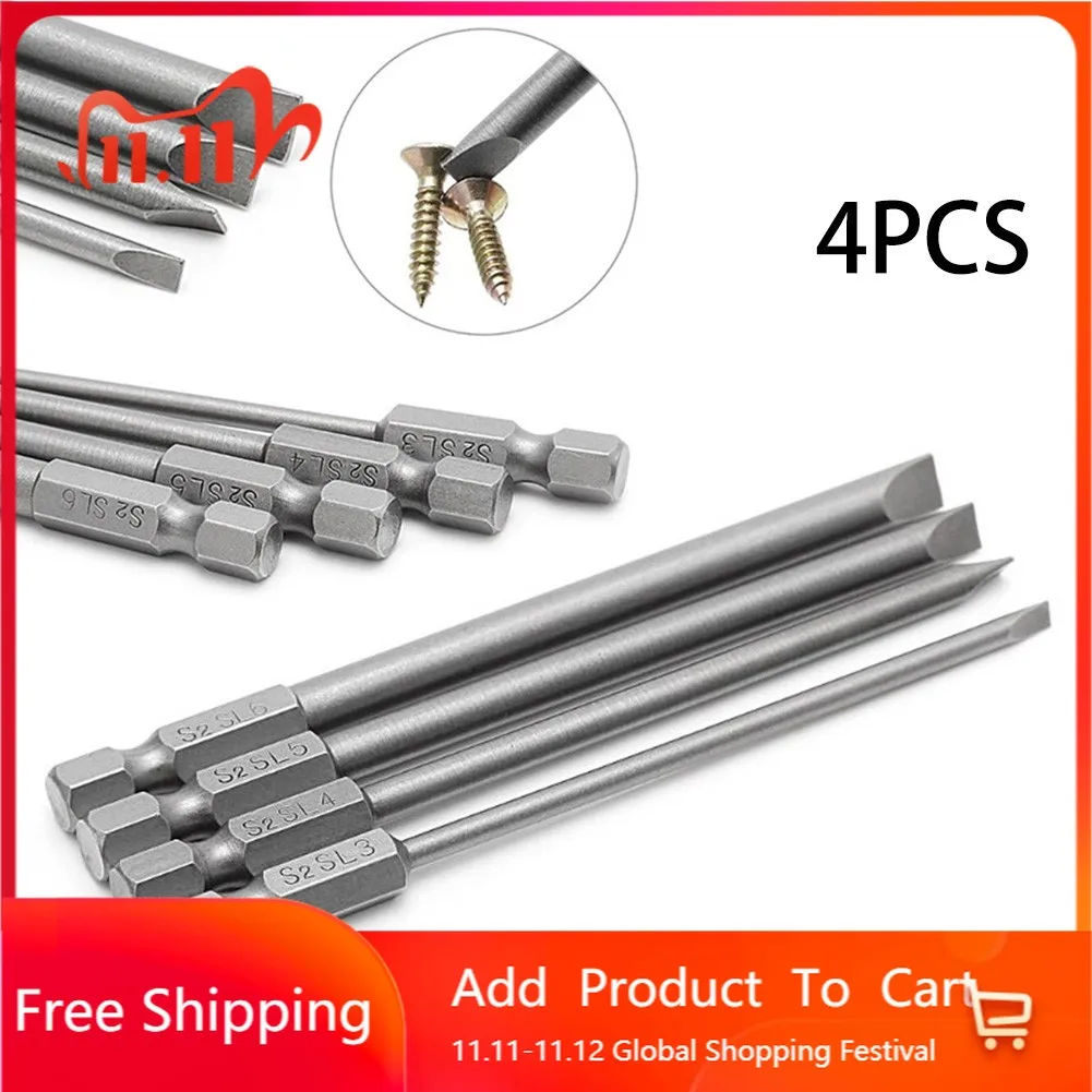 

4Pcs 100mm Slotted Screwdriver Bit 3mm-6mm S2 Magnetic Flat Head 1/4\" Hex Shank Slotting Screw Driver With Handle