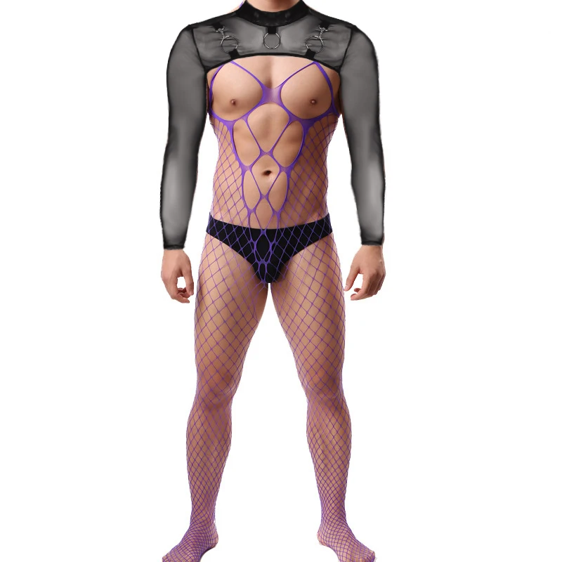 

AIIOU Men Body Stockings Underwear Patchwork Set Mesh Skinny Fishnet Crotchless Lingerie Sissy Male Erotic Porno Fetish Clothes