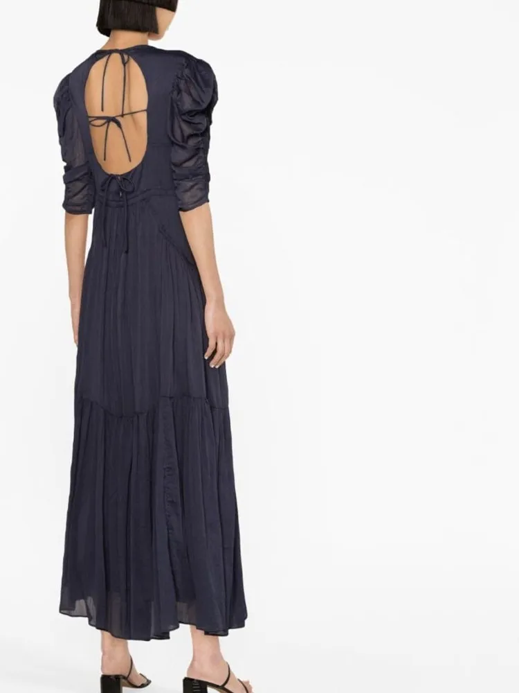 

Женское Плиссированное Платье-миди, однотонное ажурное платье с высокой талией, круглым вырезом, рукавом до локтя и завязкой на спине, лето 2023
