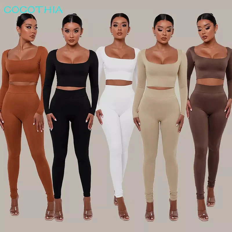 

Stretch Pants Suit Women 2021 Autumn Fashion Solid Color Tight-fitting Low-cut T-shirt Nine-point Top High-waist Street Pant set