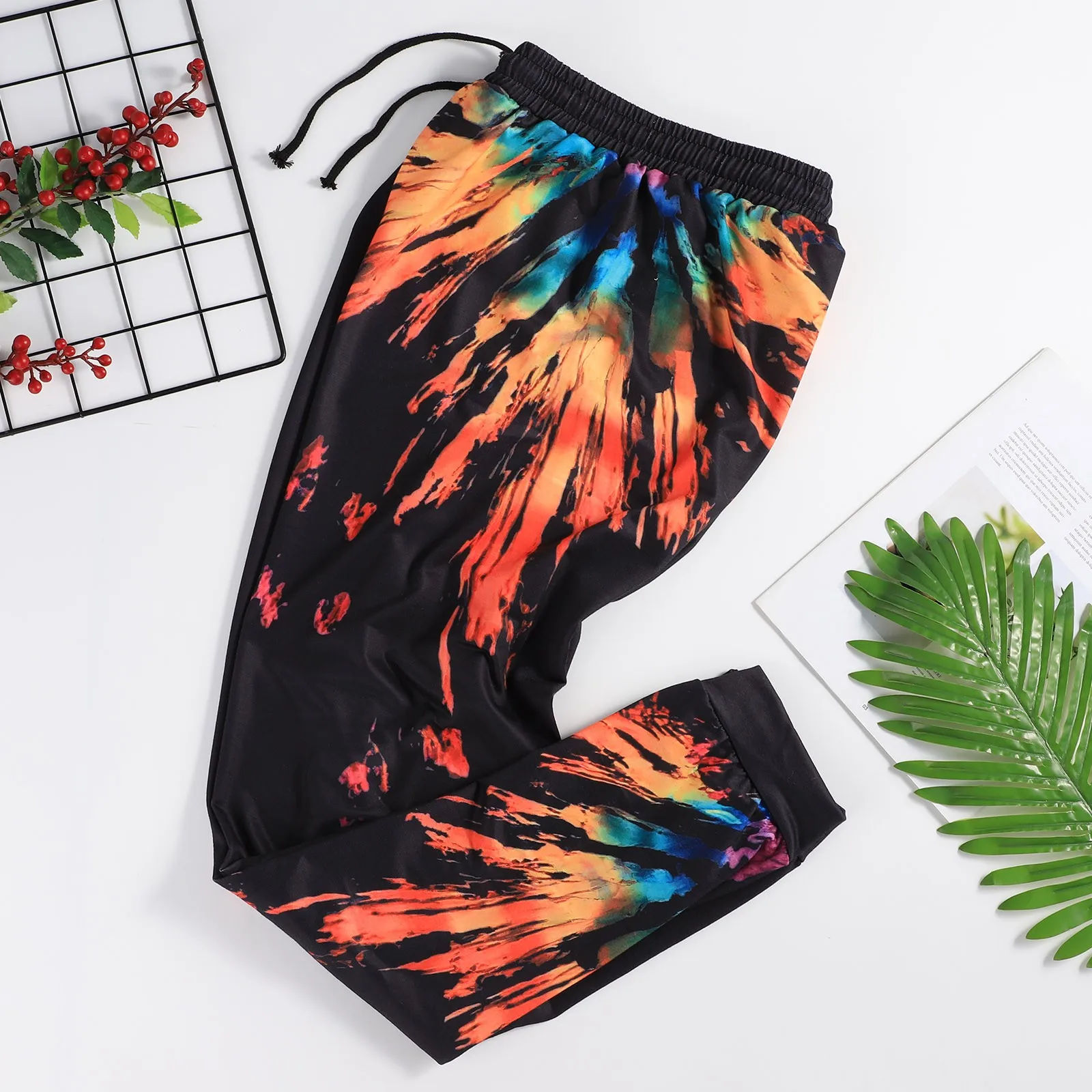 

Ladies Casual Sports Pants Tie-dye Printed Drawstring Elastic Trousers Pant Set