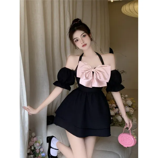 Sexy Woman Dress Slash Neck Off Shoulder Sweet Robe Vestido Femme Bow Backless Tunic Summer Mini Dresses 2023 Vestidos De Mujer