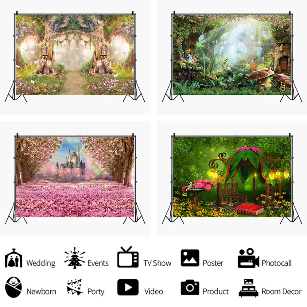 

Spring Scenery Dreamy Natural Jungle Forest Wonderland Photography Background Fairy Tale Mushroom Baby Birthday Party Decorate