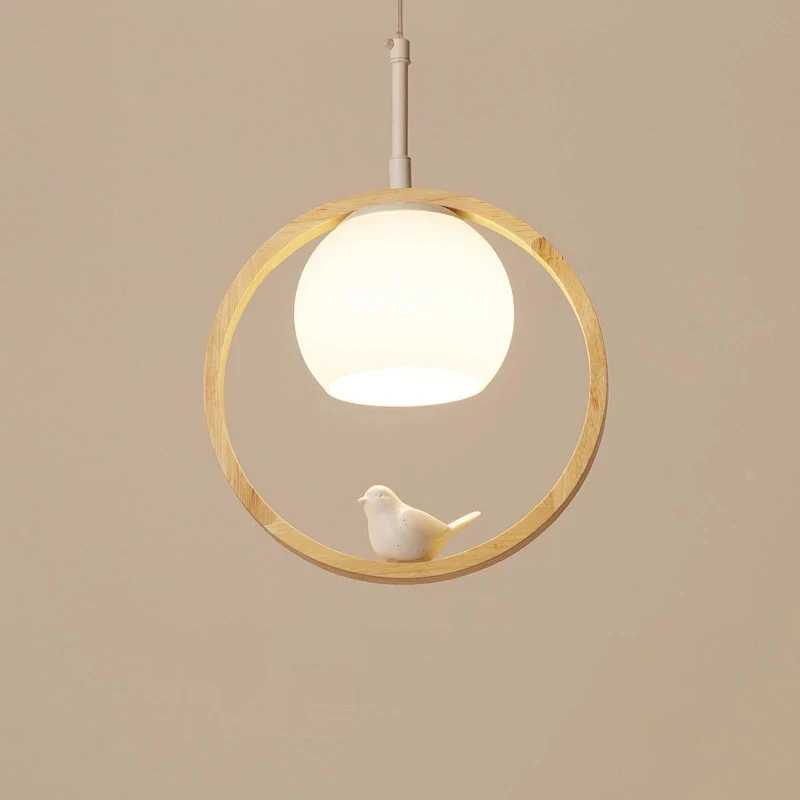 Modern Milk White Ball Wooden Pendant Light Restaurant Living Room Kitchen Office Store Corridor Bird Decoration LED Chandeliers