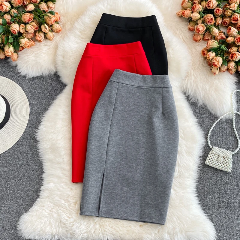 

Autumn/winter New Mid - Length High - Waisted Professional Temperament Slimming Side Slit Cover Buttock Half Skirt