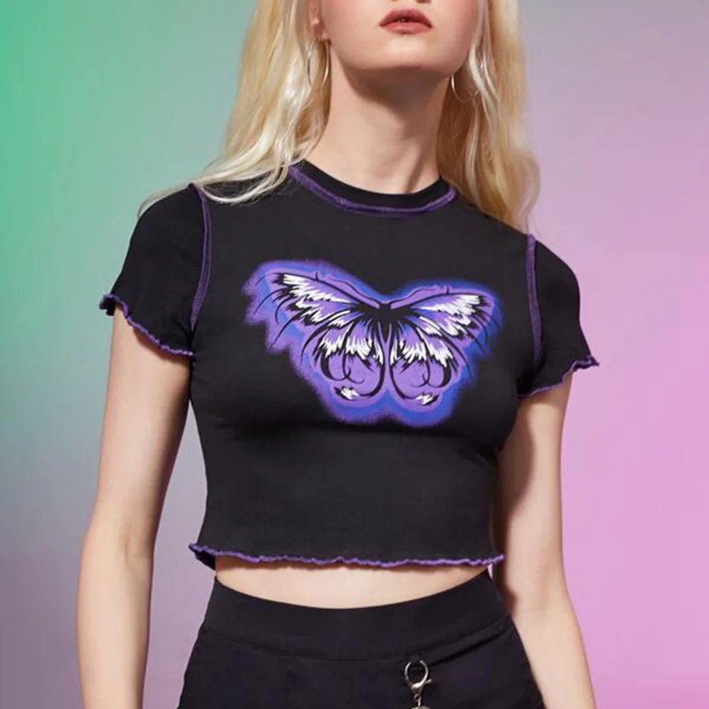 Y2K Butterfly Graphic Solid Print Short-sleeved T-shirt Womens Crop Tops Summer Grunge Style O-Neck Vintage T Shirt Casual Tops