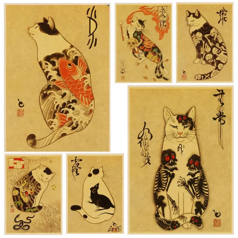 

Tattoo Cat Movie Posters Retro Kraft Paper Sticker DIY Room Bar Cafe Wall Decor