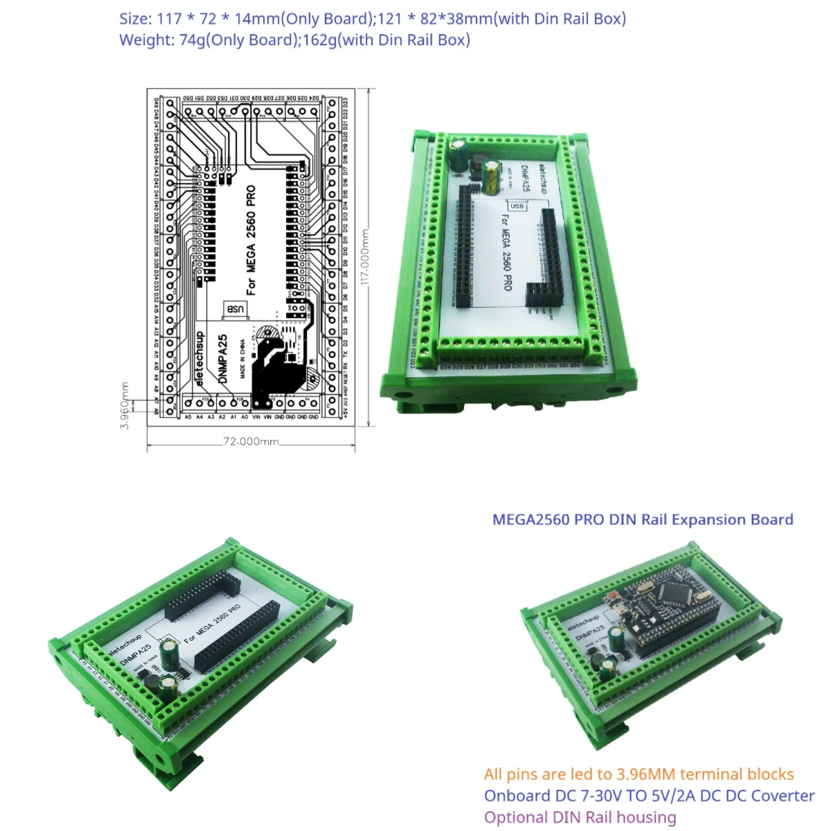 

DC-DC 5V 2A Converter MEGA2560 PRO DIN Rail Expansion Board 3.96mm Mount Screw Terminal Block Adapter Module DNMPA25 for Arduino