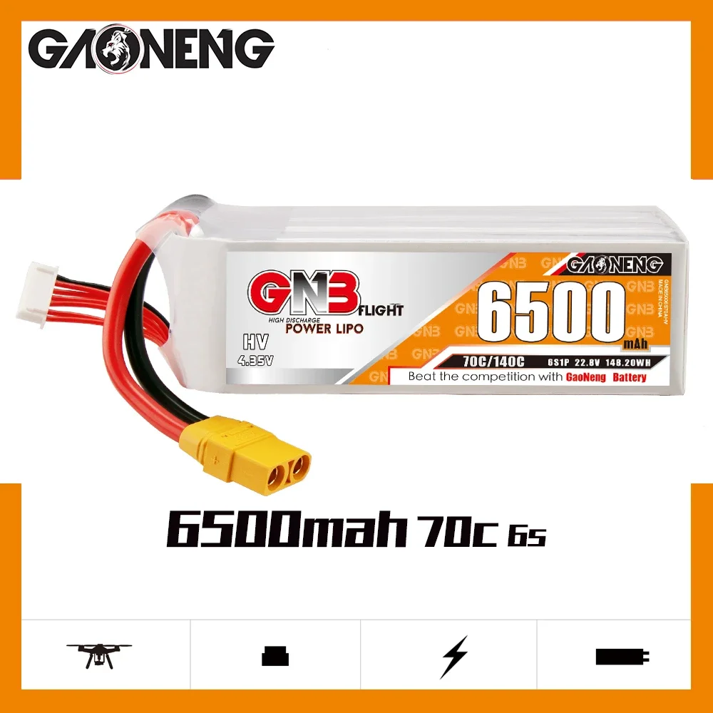 

GAONENG GNB 6500mAh 6S1P 22.8V 70C/140C Light Weight LiHV Lipo Battery XT90S Plug For FPV Drone RC Helicopter Car Boat UAV Tank
