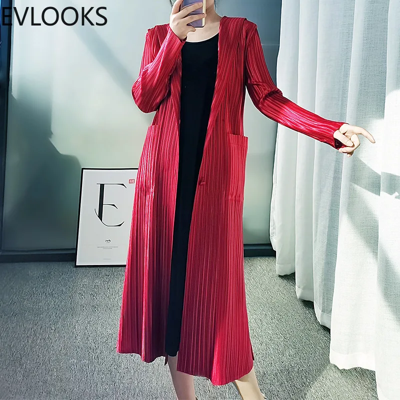 

EVLOOKS Simple and Elegant Hooded Cardigan Casual Loose Pleated Trench Coat New Women Autum Winter 2022 Cardigan