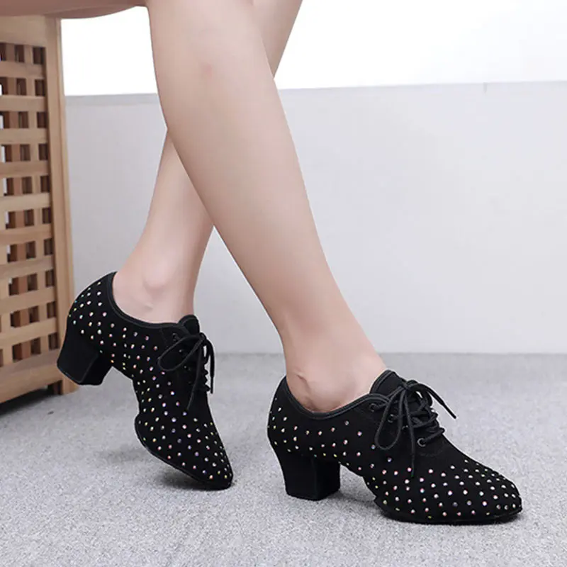 Rhinestone Women Latin Dance Shoes Jazz Salsa Dance Shoes Middle Heels Female Girls Tango Ballroom Shoes 3cm 5cm Adult Sneakers