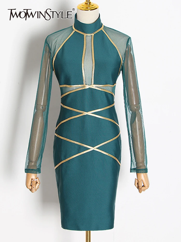 

Twotwin2 стильное сексуальное обтягивающее платье для женщин, водолазка с длинным рукавом, лоскутное Сетчатое мини-платье, женская модная одеж...