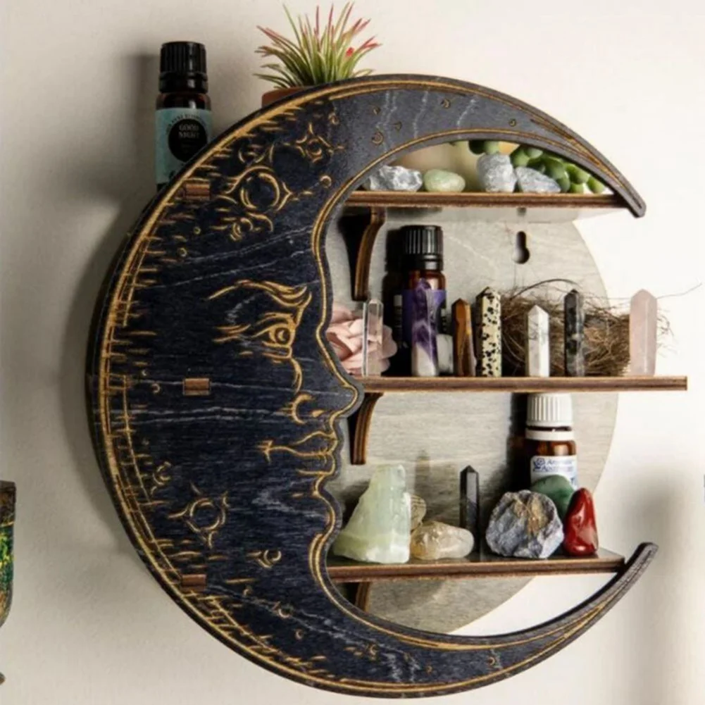 

Wall Hanging Storage Rack Bedroom Home Decor Crystal Essential Oil Nursery Wooden Moon Shelf Living Room Rustic Display Rack