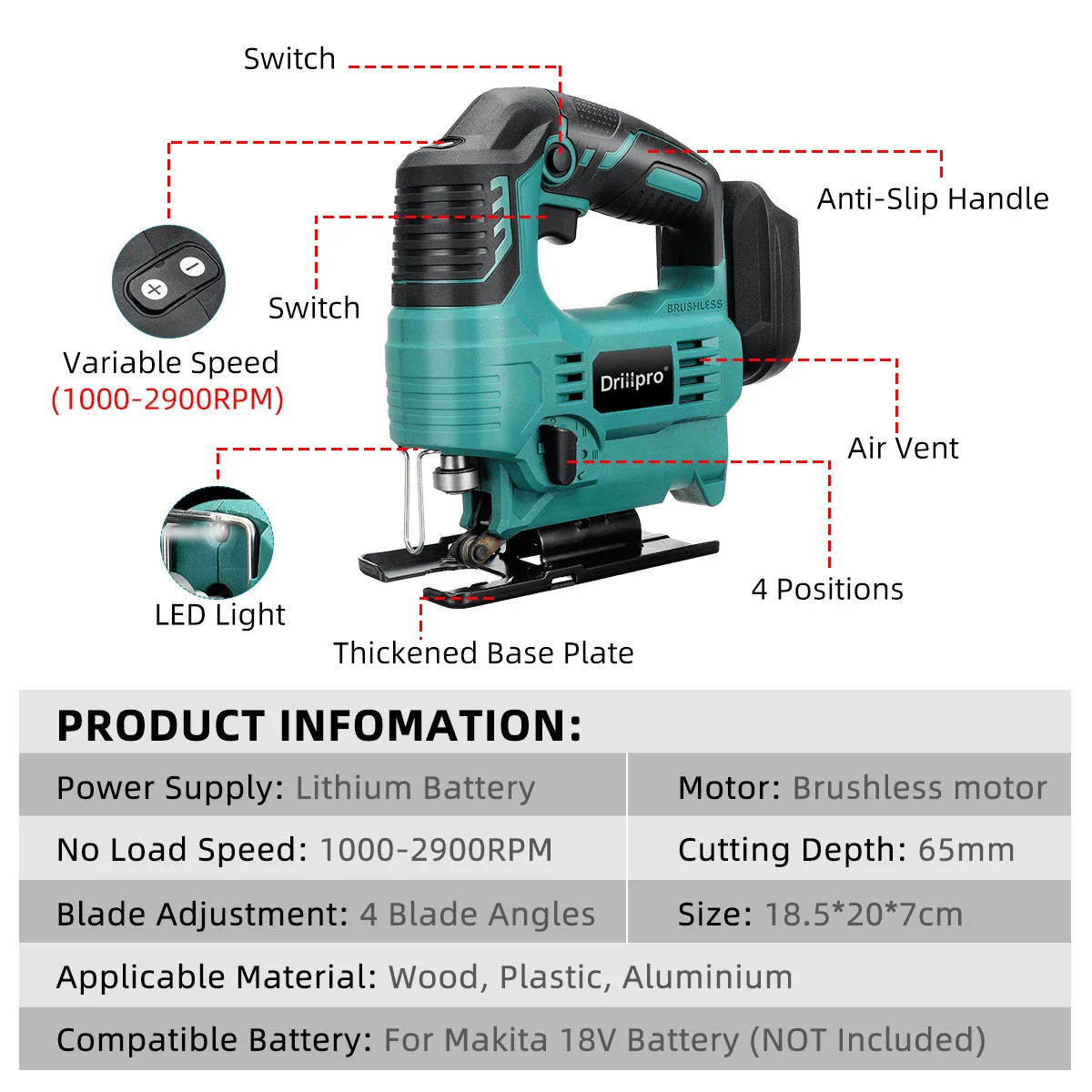 Drillpro 65mm 2900RPM 18V Brushless Jigsaw Electric Jig Saw Blade Adjustable Woodworking LED Power Tool for Makita Battery | Инструменты