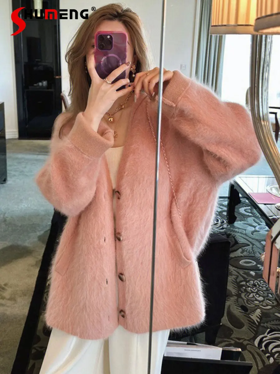 Idle Style Fashion Thick Mink Cashmere Sweater Women Autumn Winter Clothes Elegant V-neck Mid-Length Sweet Pink Knitted Cardigan