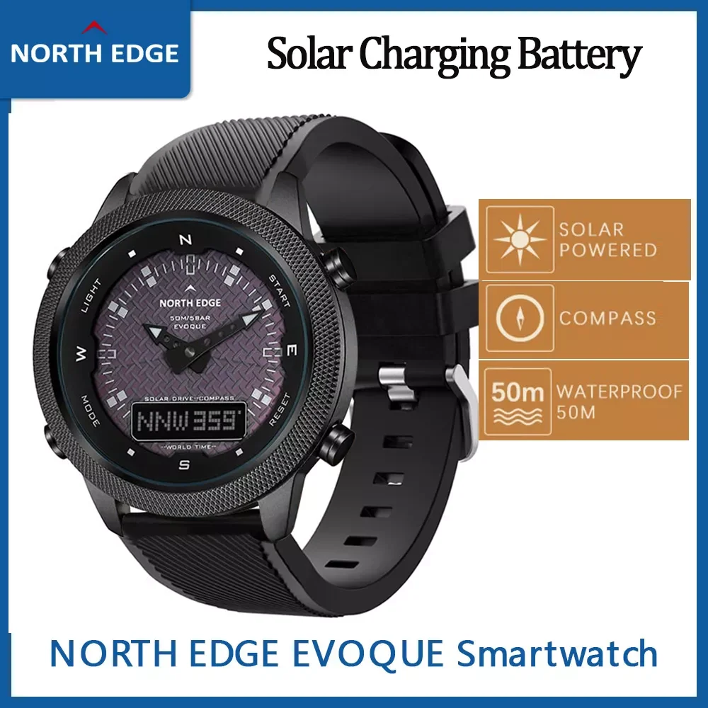 

NORTH EDGE Men Solar Power Digital Watch Compass Outdoor Sport Watches Waterproof 50m Alarm Countdown Stopwatch Smart Watch