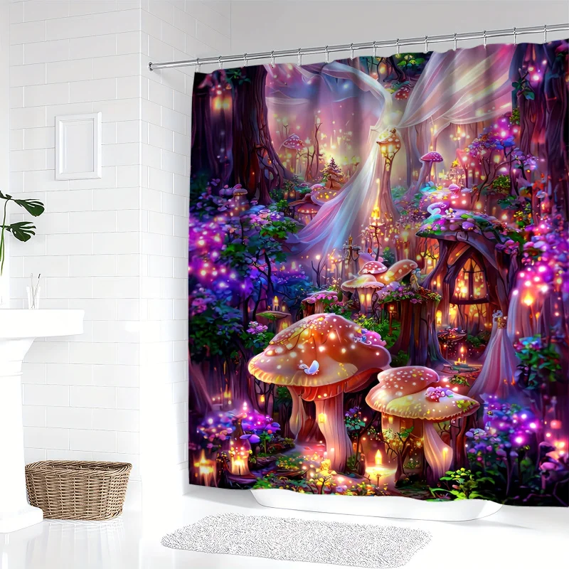 Занавеска для душа Enchanted Forest Mushroom House с цифровым принтом и крючками водостойкая