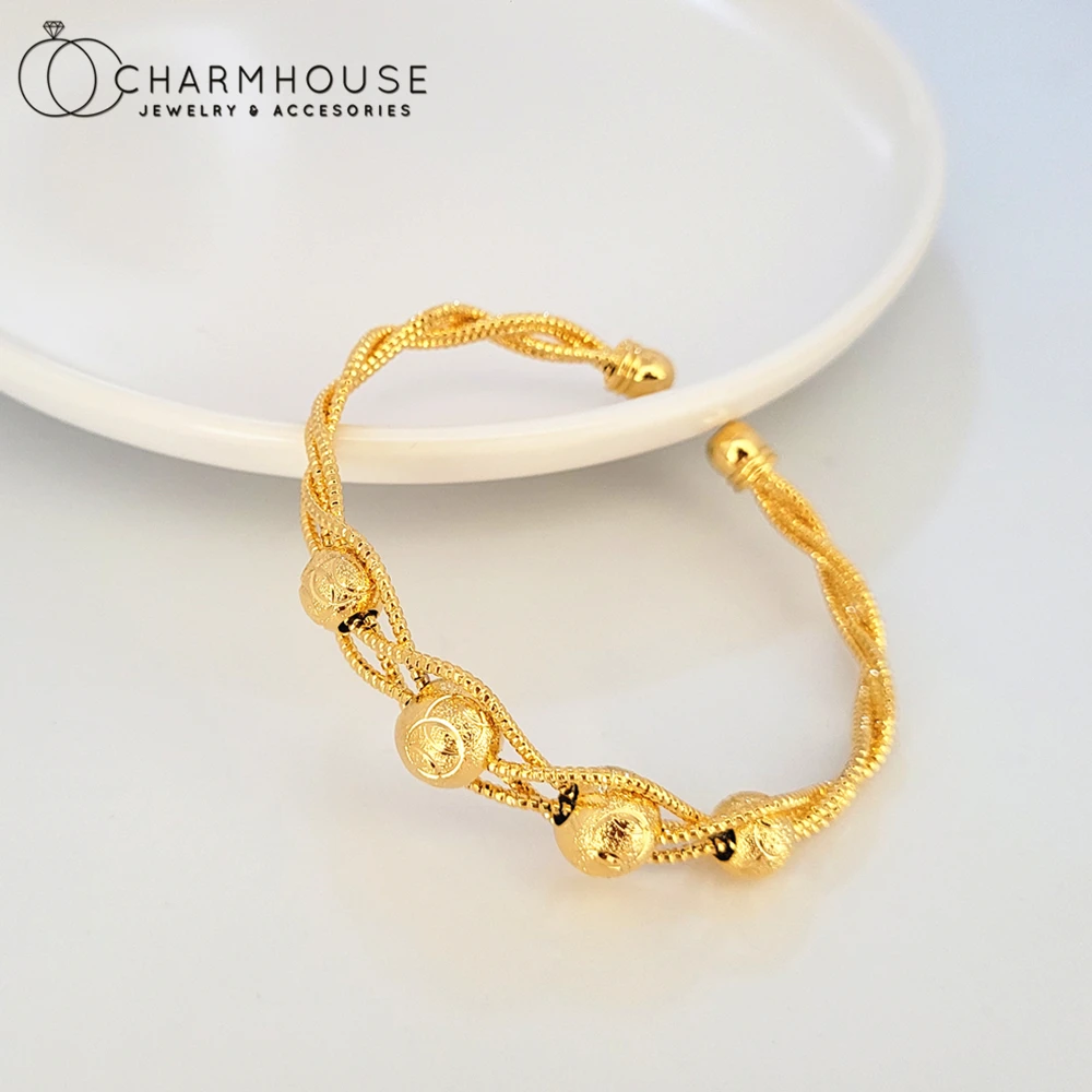 

24k Yellow Gold GP Bangles For Women Twisted Beaded Cuff Bangle & Bracelet Pulseira Femme High Quality Jewelry Accessories Gift