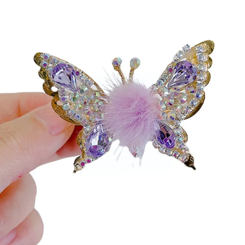 

3D Butterfly Faux Fur Hair Clips Flying Shiny Rhinestone Clips Cute Hairpin Clip Hairball Hair Barrettes Claw Headwear Butt R5J5