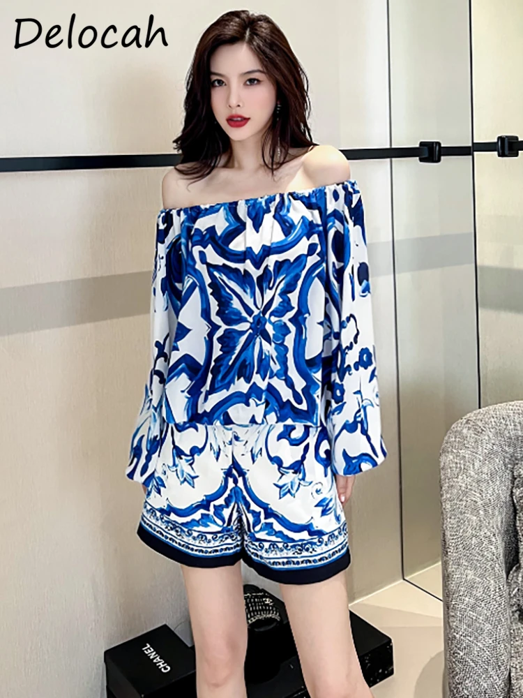 Delocah High Quality Autumn Women Fashion Designer Shorts Sets Slash neck Loose Tops + Blue And White Porcelain Shorts Suits