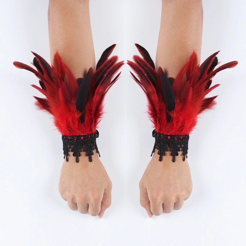 2pcs Lace Feather Wrist Cuffs Black Real Natural Dyed Rooster Feather Arm Warmers Party Cosplay Costume Accessory Feather Gloves