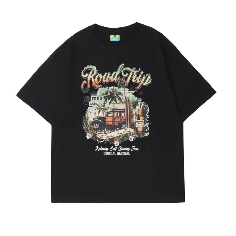 

Summer American Cartoon Dream Car Letter Print Short-Sleeved T-Shirt Female Vintage Harajuku Casual Hip Hop Loose Oversized Tops