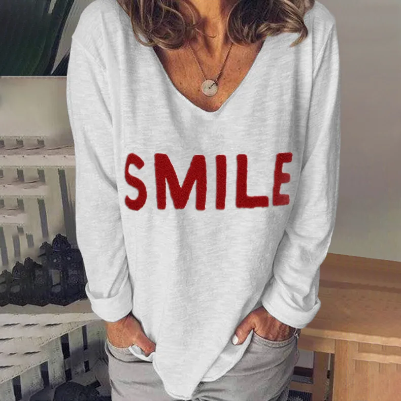 

Smile Letter Embroidered T Shirts Women Plus Size V Neck Long Sleeve Tops Vintage Loose Casual Tees Spring Autumn New Fashion
