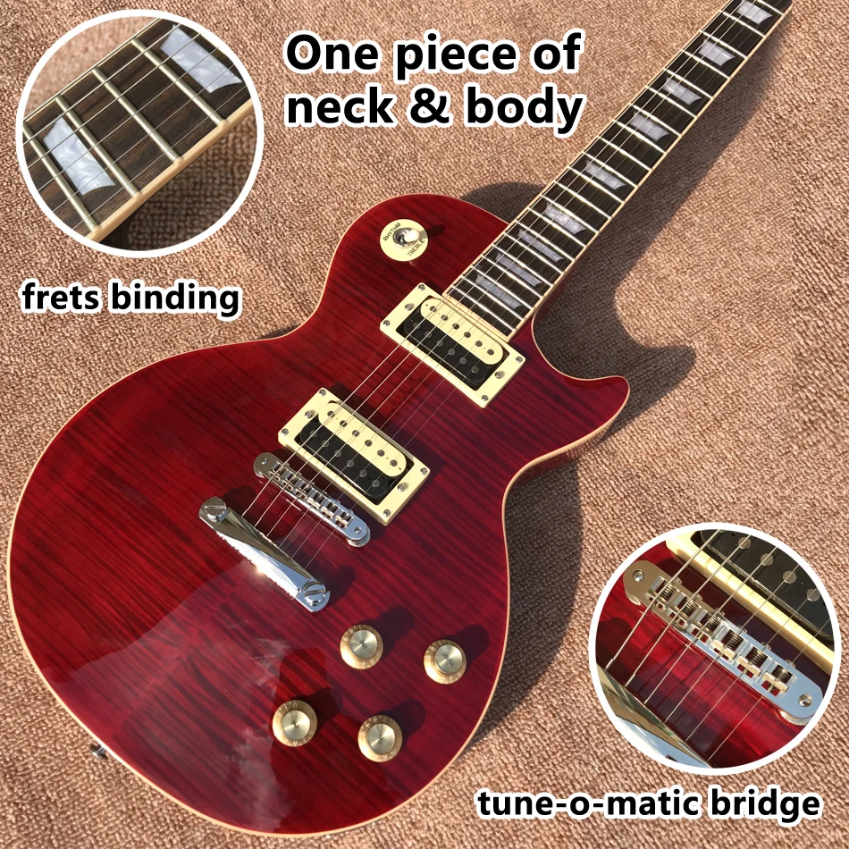 

2023 One piece of neck & body electric guitar, Frets binding, Tune-o-Matic bridge, Transparent red maple top guitar