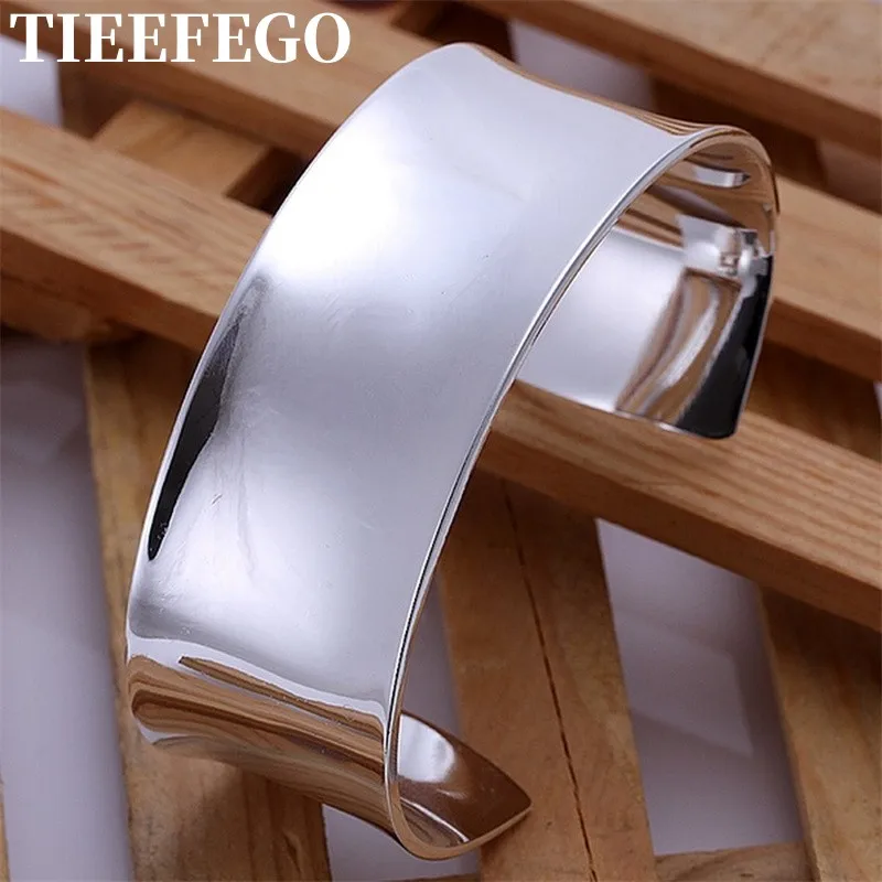 Купи TIEEFEGO 925 Silver High Quality Fashion Silver Women Solid Lady Bangle Jewelry Charm Big Cuff Men Bracelet Jewelry за 274 рублей в магазине AliExpress