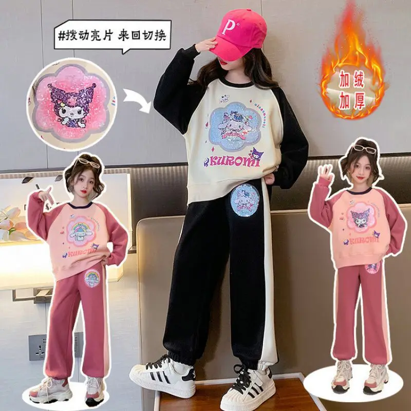 

Новый осенне-зимний комплект толстовки Sanrio из чистого хлопка с мультяшным аниме Kuromi Cinnamoroll с блестками плюс бархатный повседневный комплект из 2 предметов