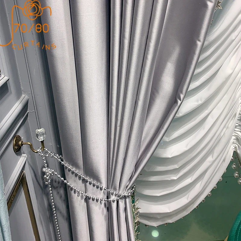

Gray Solid Color Simulation LusterLusterLace Stitching Curtains for Living Room Bedroom Dining Room Partition Curtain Villa