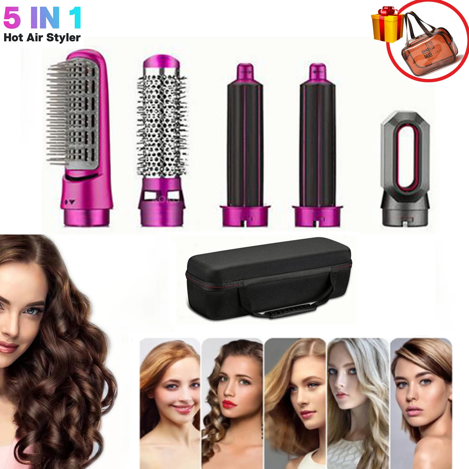 5 In 1 Kit Hair Curler Brush Electric Hair Comb Negative Ion Straightener Blow Dryer Curling Wand Detachable Brush