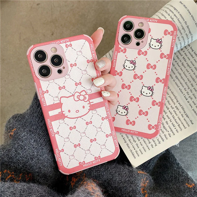 

Luxury Brand Hello Kitty Faux Leather Phone Cases For iPhone 13 12 11 Pro Max Mini XR XS MAX 8 X 7 SE 2020 Back Cover