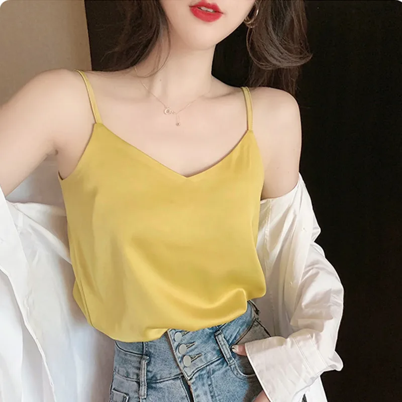 

Silk Women's Camisole Tank Tops Satin Solid V-neck Halter Top Sexy Camis Green Tops for Women Basic OL Tank Top Women Clothing