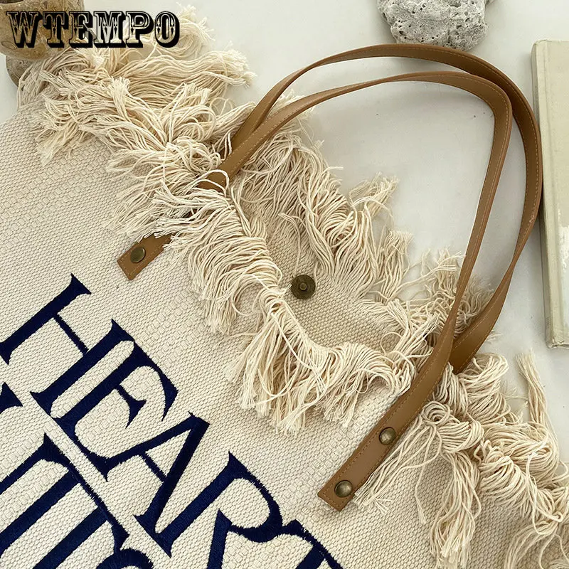 Letter Embroidered Shoulder Underarm Messenger Bag Tassel Canvas Bags Large Capacity Women's Beach Handbag Travel Shopping Tote