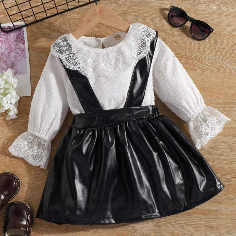 

Autumn Girls Lace Round Neck Bottomed Shirt + Leather PU Suspender Skirt Set Baby 2022 New Year Suspender Skirt Set