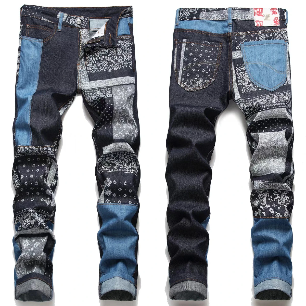 Seasonal Patchwork Jeans Men's Embroidered Letter Arrangement Slim Fitting Cotton Elastic Plaid Lining Luxurious High Street 024