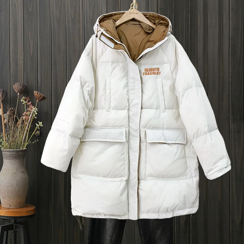2022 Winter New White Duck Down Jacket Women Literary Retro Loose Large Size Casual Slim Coat