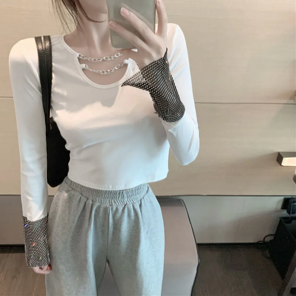 

Сексуальная женская футболка, блестящие Топы Стразы, женские весенне-осенние облегающие пуловеры с длинным рукавом, блестящие футболки, Же...